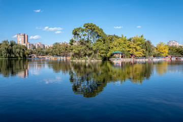 Blue lake in the public park