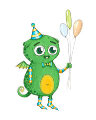 lovely green monster with big eyes and balloons on a white background. Hand drawn illustration with cute character. sketch marker style