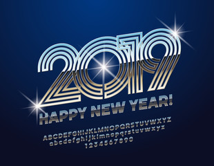 Vector magic Greeting Card Happy New Year 2019. Metallic tube Font. Glossy modern Alphabet Letters, Numbers and Symbols