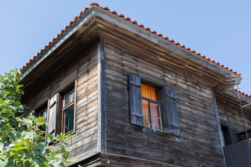 The street with houses of the old city. Stone pavements with wooden houses of an old part of the city of Sozopol. Bulgaria