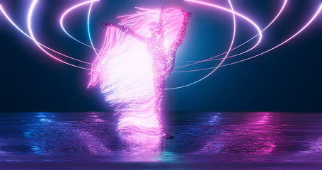 The figure of a gymnast from points of outgoing rays on the stage in a bright neon glow. 3d geometric background for business presentation. © shacil