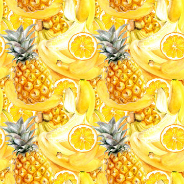 Tropical fresh fruits pineapple seamless bright pattern.
