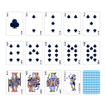Full set of clubs suit playing cards with joker isolated on white