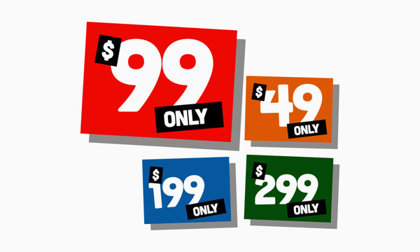 Sale $ 49 99 199 and 299 Dollars Only Offer Badge Sticker Design in Flat Style