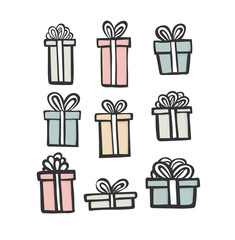 gift icon set. Color simple present box with ribbon. Hand drawing . Doodle style black ink. different variations