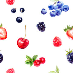 Garden berries seamless pattern watercolor illustration isolated on white.