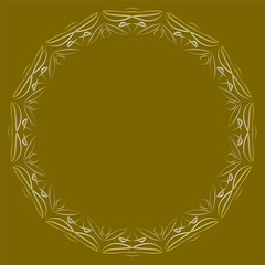 Circle frame with lace patterns, luxurious art deco design. Golden filigree 3d frame on dark golden background. Embossed patterns. Template for announcement, invitation. Vector illustration