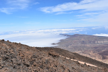 Beautiful scenery over the clouds from the big famous volcano Pico del Teide in Tenerife, Europe