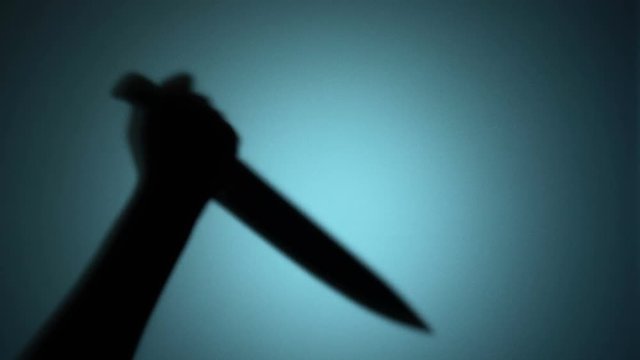 Silhouette of a killer stabbing victim with butcher knife, murder site, horror. Blood-chilling horror thriller shot