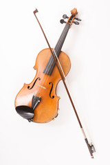 Fototapeta na wymiar violin with bow or fiddle with fiddlestick on white