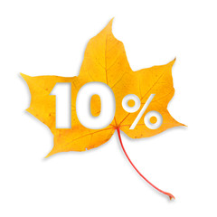 Autumn sale - 10%. Colorful maple leaf with text on white background.