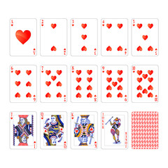 Full set of hearts suit playing cards with joker isolated on white