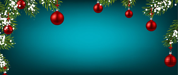 Blue Christmas and New Year background with red Christmas balls.