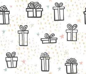 gift seamless pattern. Color simple present box with ribbon. Hand drawing . Doodle style black ink. abstract background