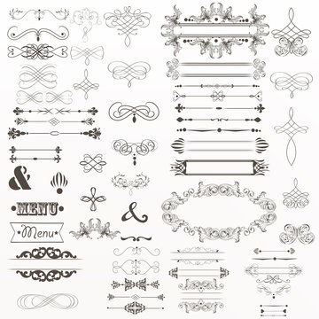Big collection of vector decorative elements flourishes, swirls, frames in vintage style
