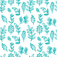 Vector seamless hand drawn floral pattern. Background with plants, leaves, spruce branch, berry, cone. 