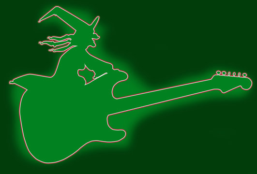 Green Guitar Witch Silhouette