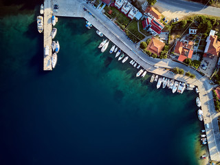 Marina with yachts top aerial view