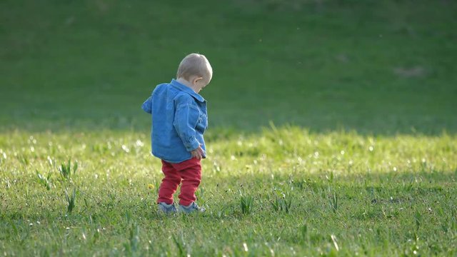 Funny baby child try to undress himself, isolated boy in green nature