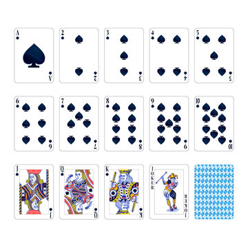 Full set of spades suit playing cards with joker isolated on white