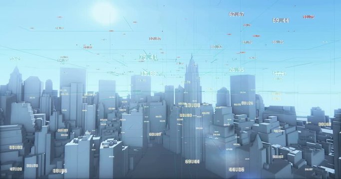4k flying through 3d urban building and skyscrapers,a financial tech digital data globe,tech network,complexity and data flood of modern digital age.Business figures.economic index,Stock Market.