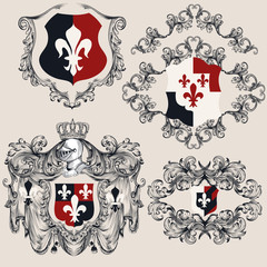 Heraldic shields set for antique vintage design. Vector illustration