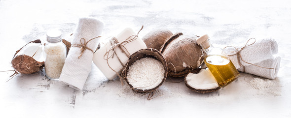 Spa still life of organic cosmetics with coconuts