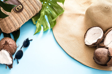 colorful summer with coconuts and beach hat