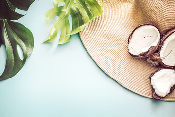 colorful summer with coconuts and beach hat