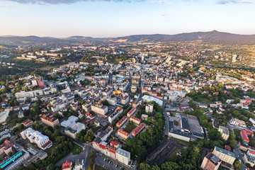 Aerial shot of Liberec city from hotair balloon