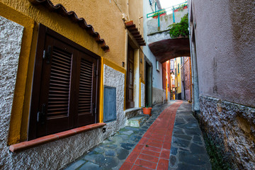 Narrow street in village of Manarola, five terre, Italy.