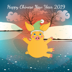 winter landscape with a yellow pig in blue hat with arms wide open sitting on ice