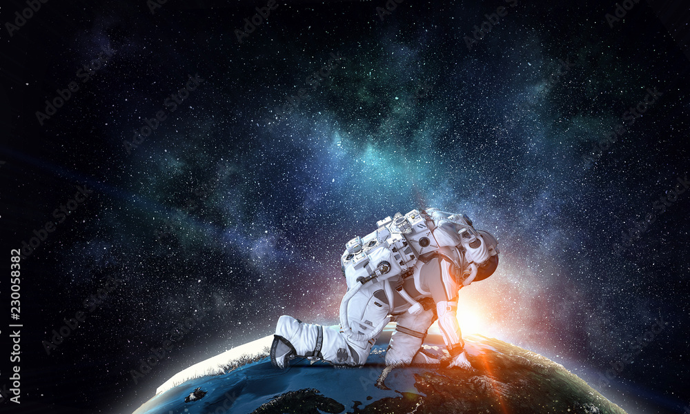 Canvas Prints astronaut starting to run. mixed media