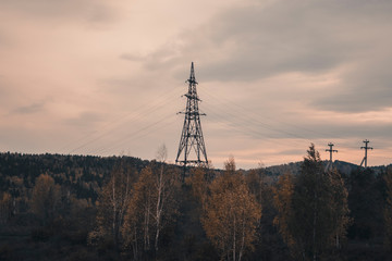 Autumn mountain forest landscape with roads and rivers