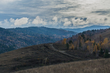 Autumn mountain forest landscape with roads and rivers
