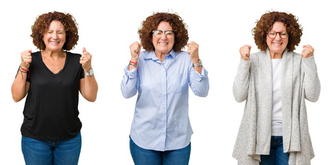 Obraz premium Collage of middle age senior woman over white isolated background excited for success with arms raised celebrating victory smiling. Winner concept.