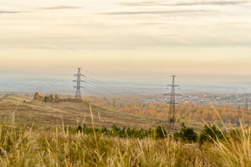 Autumn mountain forest landscape with roads and rivers