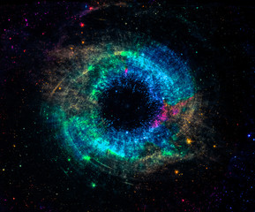 Schwarzes Loch über buntem Sternenfeld im Weltraum. Abstrakte Weltraumtapete. Universum voller Sterne. Elemente dieses Bildes, bereitgestellt von der NASA.