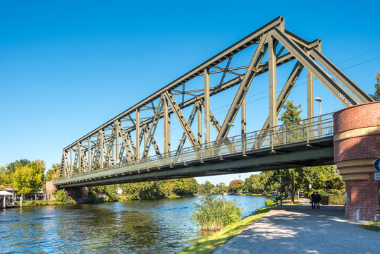 Railway bridge in the small town Caphut is crossing the river Havel in the state of Brandenburg, Germany