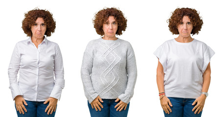 Collage of middle age senior business woman wearing white t-shirt over white isolated background depressed and worry for distress, crying angry and afraid. Sad expression.