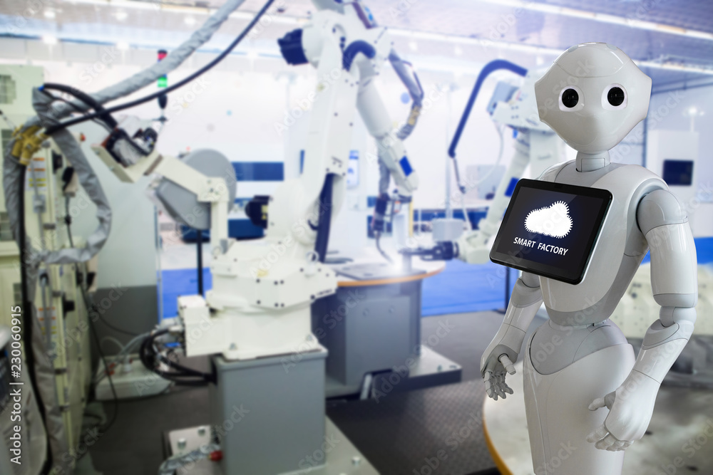 Aufkleber Robot manager on the background of the assembly line with robotic arms. Smart factory concept