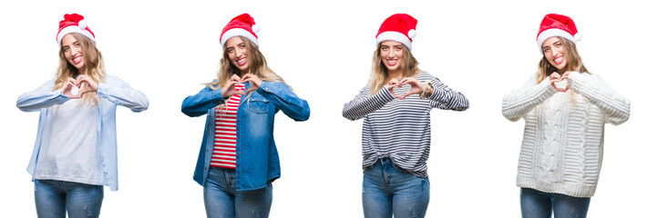 Young beautiful young woman wearing christmas hat over white isolated background smiling in love showing heart symbol and shape with hands. Romantic concept.