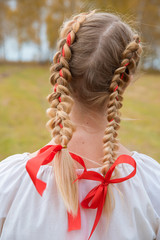 Fototapeta na wymiar Russian girl Slavic appearance with braids with red ribbons in the field in autumn