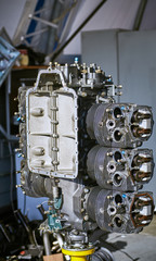 Aviation six-cylinder boxer engine air cooling shot for repair.