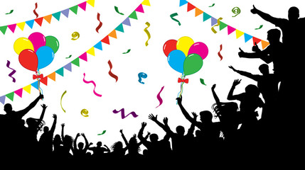 Crowd of fun people on party, holiday. Cheerful people having fun celebrating. Balloons, ribbons, confetti. Festive mood of people. Applause people hands up. Silhouette Vector Illustration
