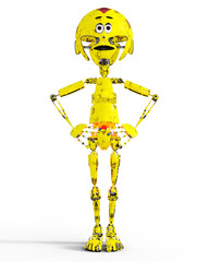 Old sad yellow metal mechanical robot llustration. Pointed and shabby toy droid. Conceptual 3d render art. isolated.