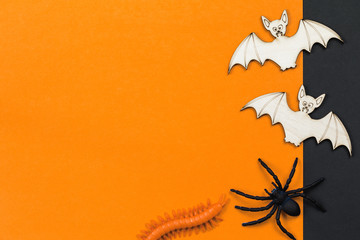 Do it yourself wooden cut outs of Halloween pumpkin and vampire bats, spider, flat lay