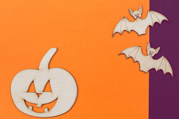Naklejka premium Do it yourself Halloween pumpkin and vampire bats wooden cut outs, flat lay style