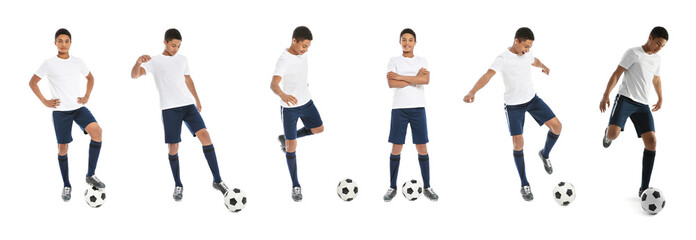 Fototapeta na wymiar Set with teenage African-American boy playing football on white background