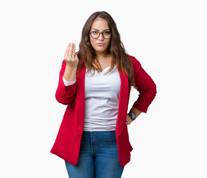 Beautiful plus size young business woman wearing elegant jacket and glasses over isolated background Doing Italian gesture with hand and fingers confident expression